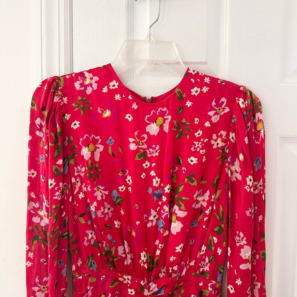 Sau Lee Red Floral Print Ruched Skirt Long Sleeve Fitted Sheath Mini Dress 2 - Picture 2 of 8